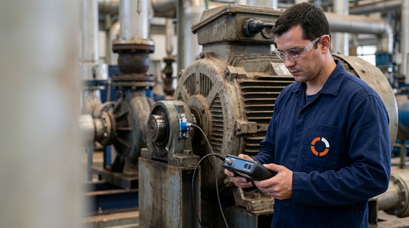 FOTO: coleta de vibração em motor industrial com acelerômetro